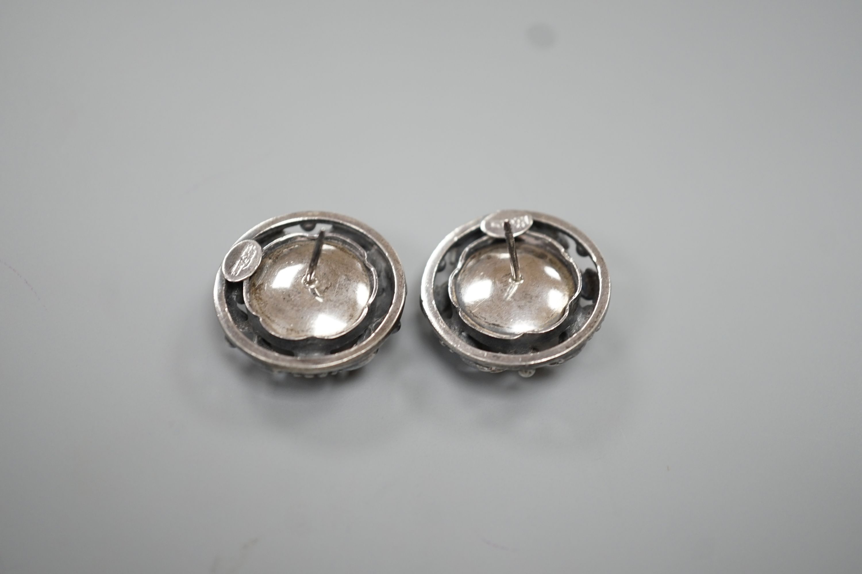 A pair Danish Niels Eric From sterling circular foliate earrings, 22mm, lacking butterflies.